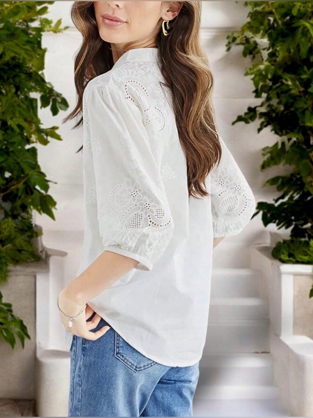 White Embroidered Button-Front Blouse - Picture 2 of 5
